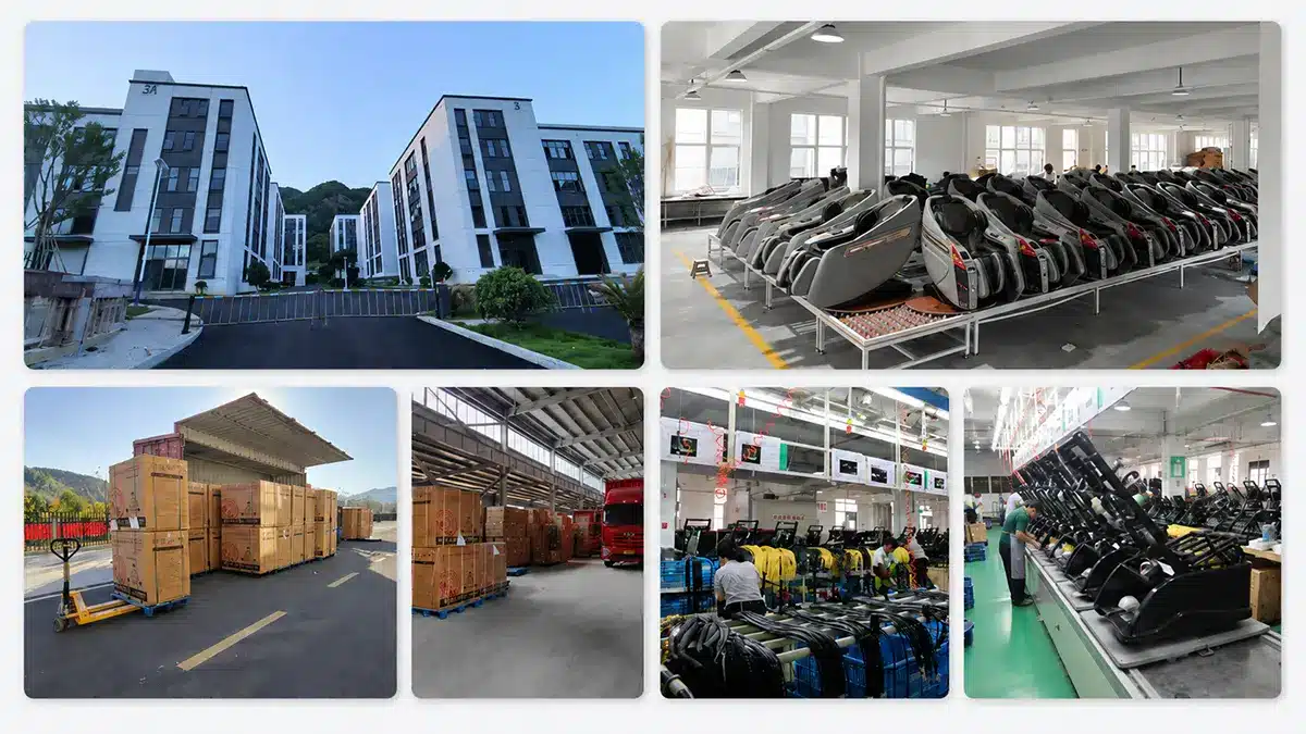Commercial massage chair factory exterior, showroom, assembly line, technicians, quality testing, payment system testing, aging testing, warehouse, components, packaging and container loading