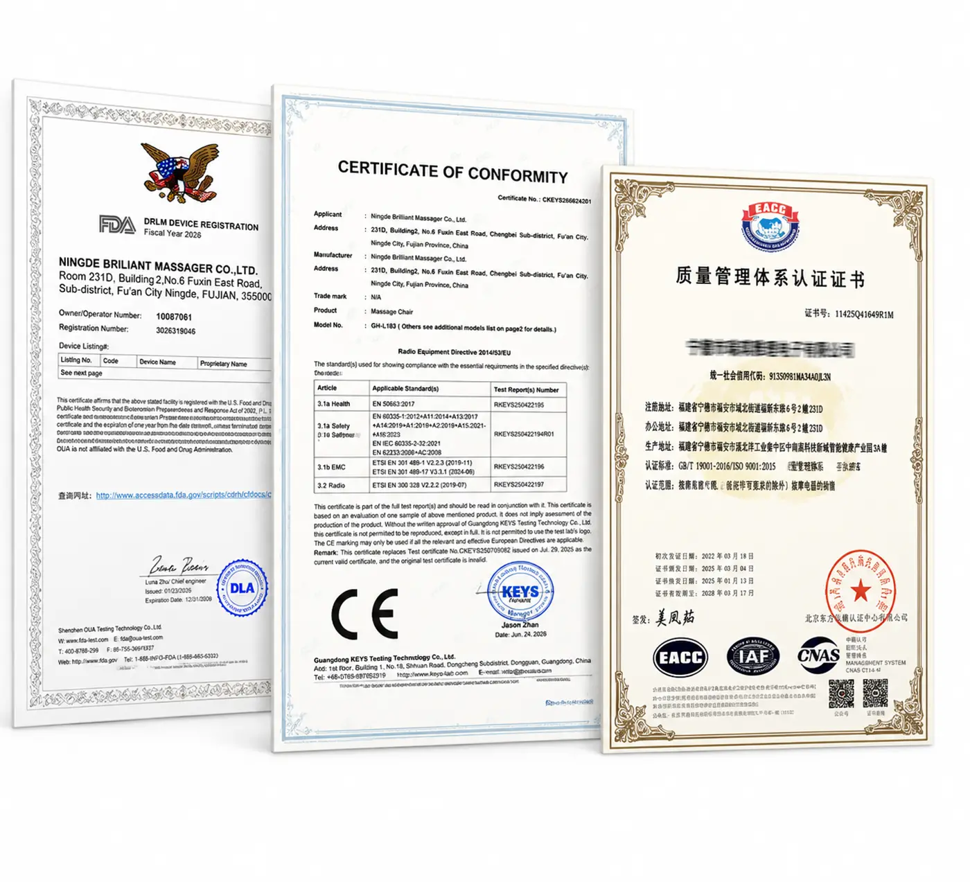 Commercial massage chair certificates and compliance documents including CE, FCC, RoHS, ETL and ISO certification